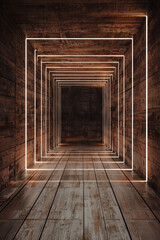 Futuristic wooden tunnel with glowing neon light frames creating a geometric perspective and immersive depth. Modern interior design