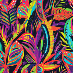 A bold Brazilian carnival pattern featuring swirling feathers, glittering masks, and rhythmic samba-inspired shapes in neon colors