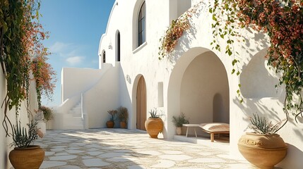 Obraz premium Elegant Mediterranean courtyard with whitewashed arches, terracotta pots, and lush greenery under bright sunlight