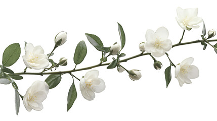 Obraz premium a branch with white flowers and green leaves on a transparent background, PNG image, PNG file, Generative art.
