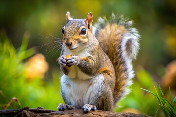 Squirrel holding a nut in the forest. A curious squirrel holding a nut while sitting on a tree trunk in a green forest, with a blurred natural background