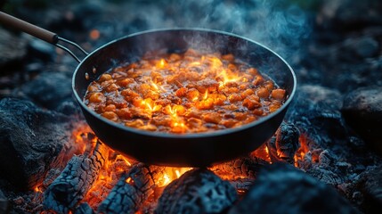 Campfire cooking, delicious stew simmering in a wok over an open flame, emitting steam and vibrant colors.