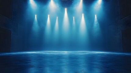 Fototapeta premium Luxury Entertainment Stage with Golden Spotlights and Deep Blue Background