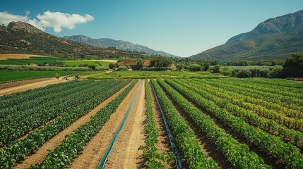Lush green fields with rows of crops against a backdrop of mountains and a clear blue sky.