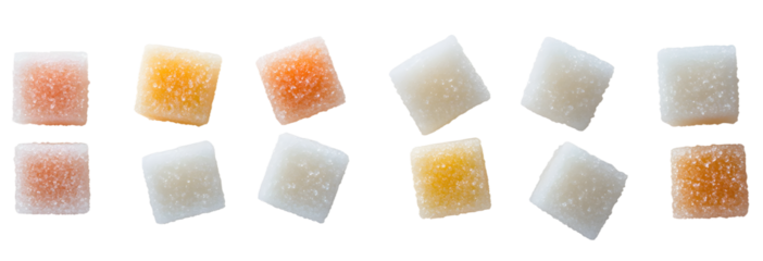 Various sugar cubes arranged artistically on a white background. transparent background.