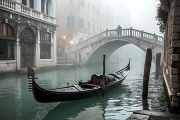A gondola rests serenely in the tranquil waters of a Venetian canal. Mist envelops the scene as a bridge arches gracefully overhead. The early morning atmosphere is enchanting.