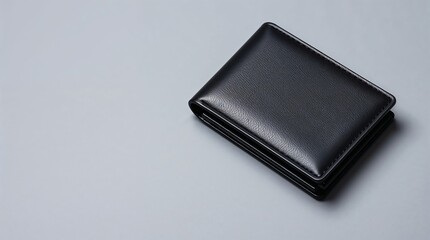 Minimalist Black Leather Wallet on Grey Solid Background