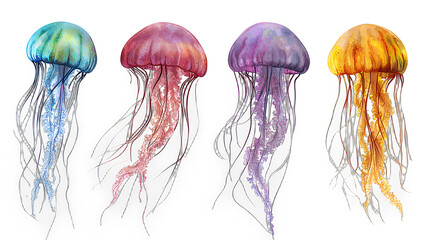 a set of jellyfish on a transparent background, PNG image, PNG file, Generative art.