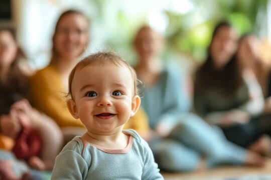 smiling baby in a group parenting class with mothers in a cozy and supportive environment