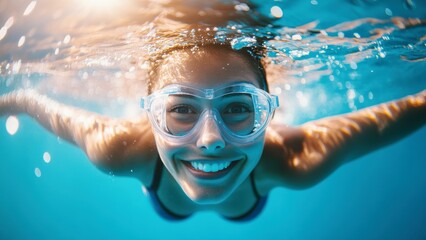 Naklejka premium smiling 30-year-old woman swimming backstroke in the clear blue sea with sunlight penetrating the water underwater adventure and joy