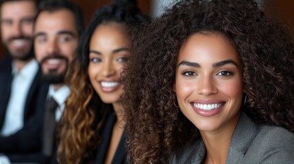 Obraz premium Smiling businesswoman with curly hair standing with her diverse corporate team in a modern office.