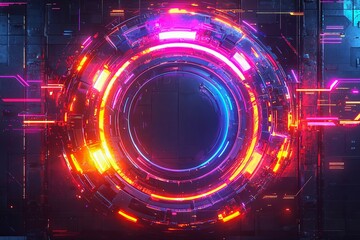 Obraz premium Futuristic neon portals on transparent background. Realistic vector illustration of round square holographic gate.