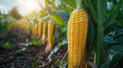 Fresh corn growing in a sunlit field, showcasing ripe ears among green leaves.
