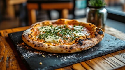 Freshly baked pizza with melted cheese and herbs on a rustic wooden table in a cozy restaurant