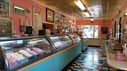 Retro ice cream parlor interior with colorful walls, checkered floor, and display cases filled with ice cream.