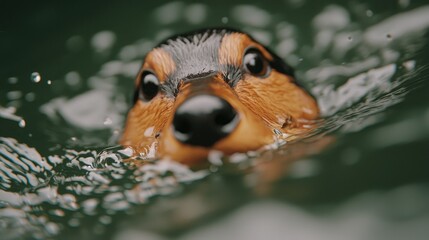Fototapeta premium Dog swimming, close-up, water splashes, dark background, pet portrait