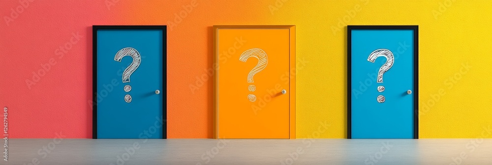 Poster Colorful doors with question marks representing the challenging decision making process of choosing the right career path amid uncertainties and fears of missing better options