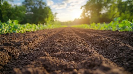 Rich soil in a sunlit field with rows of crops growing under a clear sky.