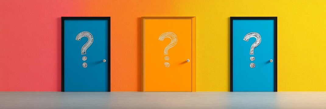 Colorful doors with question marks representing the challenging decision making process of choosing the right career path amid uncertainties and fears of missing better options