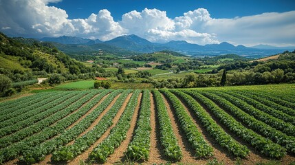 Lush green fields with rows of crops under a blue sky and distant mountains.