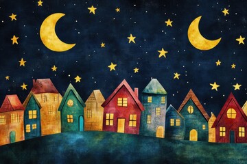 Fototapeta premium Whimsical landscape of colorful houses under a starry night sky with crescent moons
