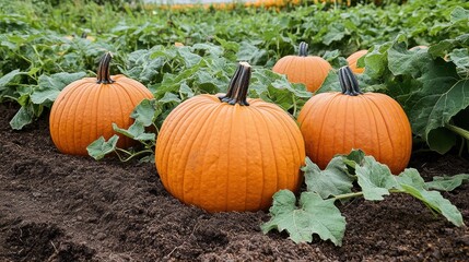 Vibrant pumpkins growing in a lush garden, surrounded by green leaves and rich soil.
