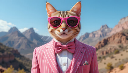 Fashionable Cat in Pink Suit with Bow Tie and Sunglasses Standing in Scenic Mountain Landscape on Clear Sunny Day fashion designers, marketers, advertisers, travel agencies, content creators 