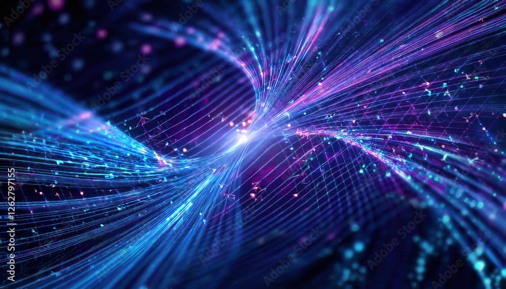 Aufkleber abstract blue and purple energy flow with glowing grid lines, futuristic digital wave pattern for te