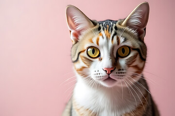 Obraz premium close up portrait of domestic cat with striking yellow eyes and mix of orange, black, and white fur against soft pink background. cats expression is curious and engaging, inviting viewers to connect