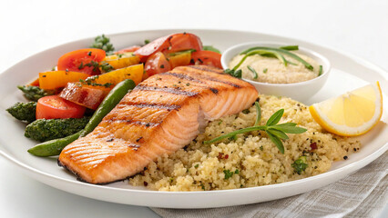  Nutritious Meal Prep with Grilled Salmon, Quinoa, and Fresh Veggies on White Background
