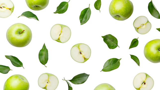 a pattern of green apples with leaves on a transparent background, PNG image, PNG file, Generative art.