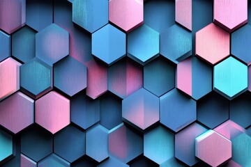Graphic pattern of colorful hexagons arranged in a dynamic formation