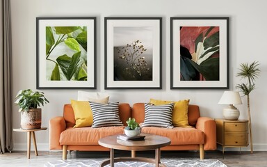 A cinematic medium shot of a modern, minimalistic interior with a black thin-framed blank vertical poster on the wall. The room has hardwood floors, a sofa, plants, and a lamp using AI generated