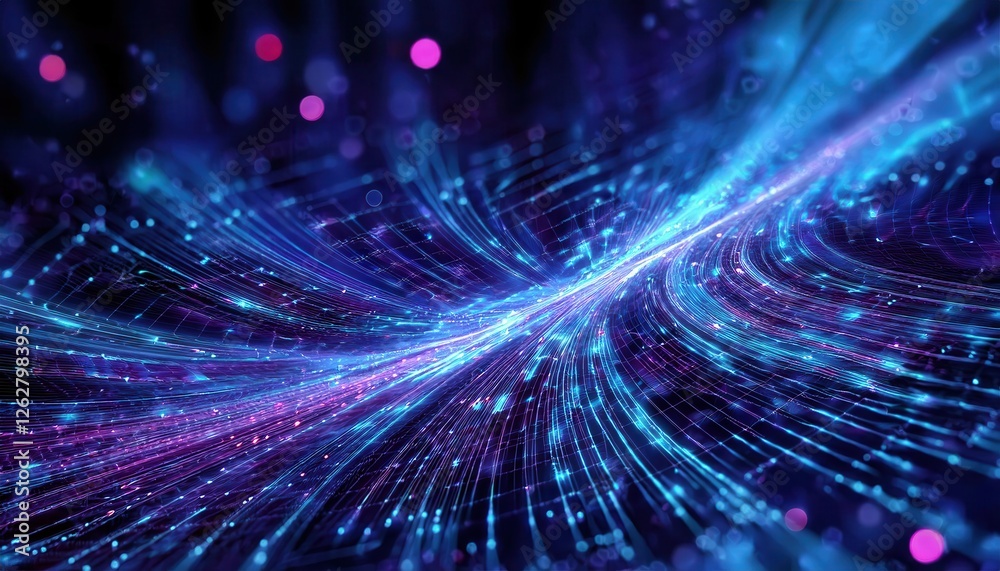 Poster abstract blue and purple energy flow with glowing grid lines, futuristic digital wave pattern for tech background