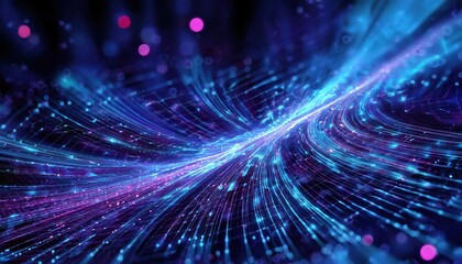 abstract blue and purple energy flow with glowing grid lines, futuristic digital wave pattern for tech background