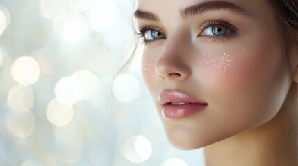 Naklejka premium Beautiful woman showcasing flawless skin and artistic makeup details