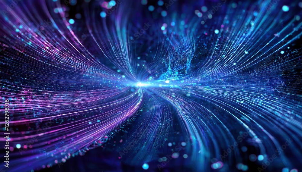 Poster abstract blue and purple energy flow with glowing grid lines, futuristic digital wave pattern for tech background