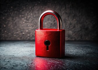 Fototapeta premium A bright red padlock stands out against a dark backdrop in this high-resolution panoramic stock photo; keyhole clearly visible.