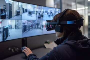 Person using augmented reality glasses to control monitoring system in a technology lab environment