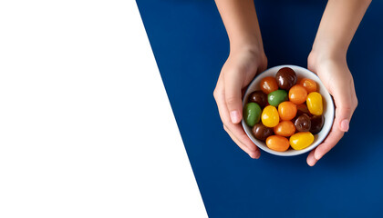 Colorful candies in teal bowl