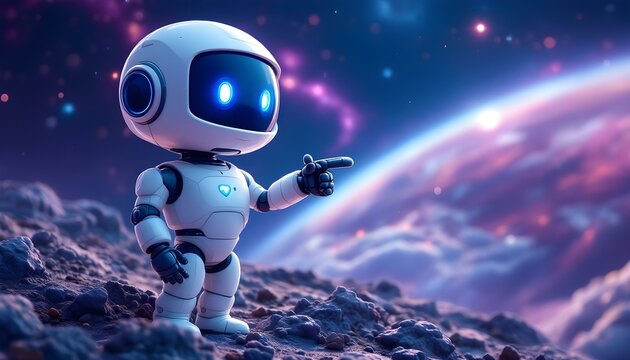 Robot tierno y positivo se&ntilde;alando un espacio vac&iacute;o, generado por inteligencia artificial
