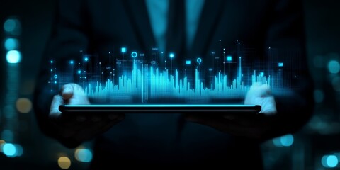 Businessman Holding Tablet Showing Rising Blue Graph, Futuristic Interface, City Background