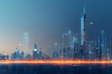 Futuristic city skyline illuminated at dusk urban landscape illustration technology concept