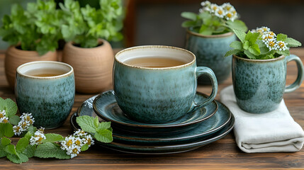 Teal Ceramic Tea Set with Herbs on Wooden Table