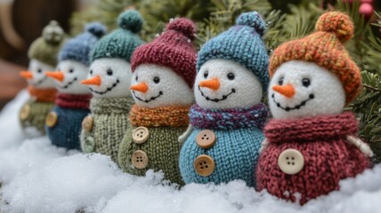 Adorable Knitted Snowmen in Winter Scene