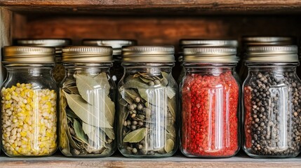 Wooden shelf spices in glass jars