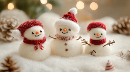 Fototapeta premium Three Adorable Knit Snowmen in Winter Wonderland