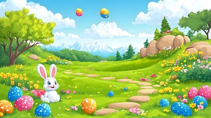Whimsical Easter Bunny in Idyllic Spring Landscape with Balloons