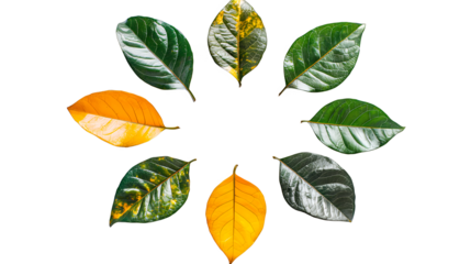 a set of green and yellow leaves on a transparent background, PNG image, PNG file, Generative art.