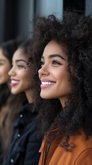 Obraz premium Three women with different hairstyles smile together, showcasing their joy and friendship in an outdoor setting on a sunny day